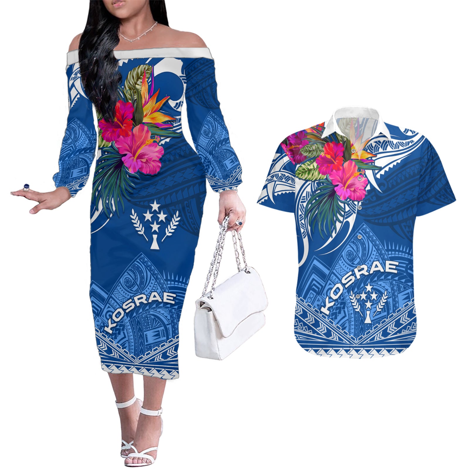 Kosrae Constitution Day Couples Matching Off The Shoulder Long Sleeve Dress and Hawaiian Shirt Kusaie Special Style LT01 Blue - Polynesian Pride