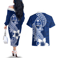 Hafa Adai Guam Couples Matching Off The Shoulder Long Sleeve Dress and Hawaiian Shirt Polynesian Floral Blue Pattern LT01 - Polynesian Pride