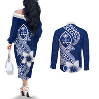 Hafa Adai Guam Couples Matching Off The Shoulder Long Sleeve Dress and Long Sleeve Button Shirt Polynesian Floral Blue Pattern LT01 - Polynesian Pride