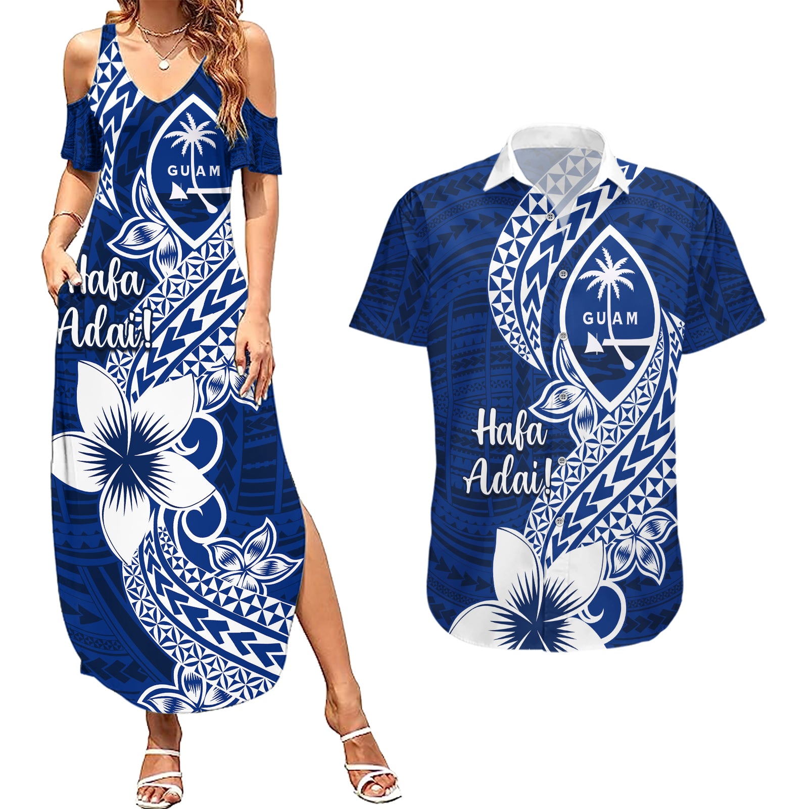 Hafa Adai Guam Couples Matching Summer Maxi Dress and Hawaiian Shirt Polynesian Floral Blue Pattern LT01 Blue - Polynesian Pride