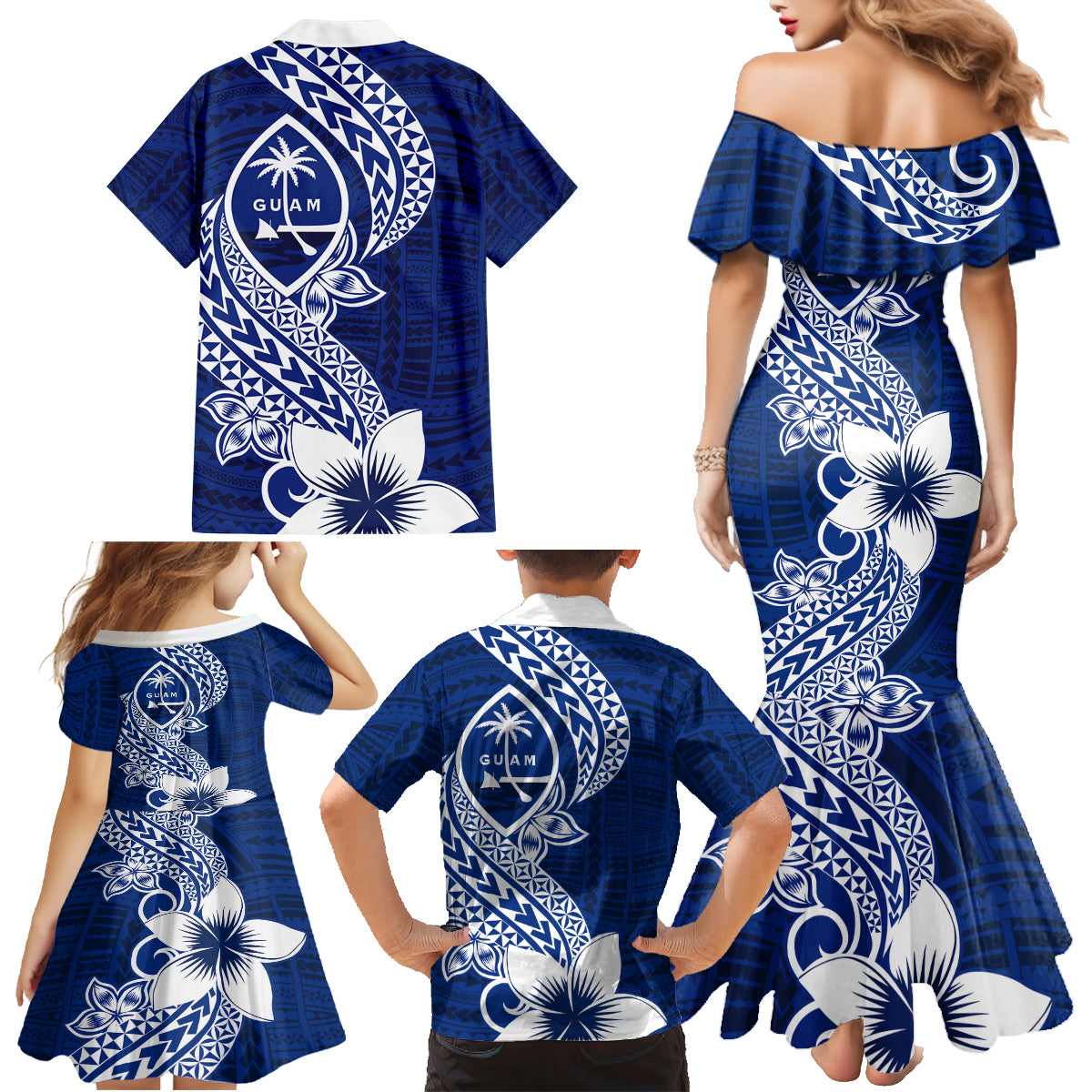 Hafa Adai Guam Family Matching Mermaid Dress and Hawaiian Shirt Polynesian Floral Blue Pattern LT01 - Polynesian Pride