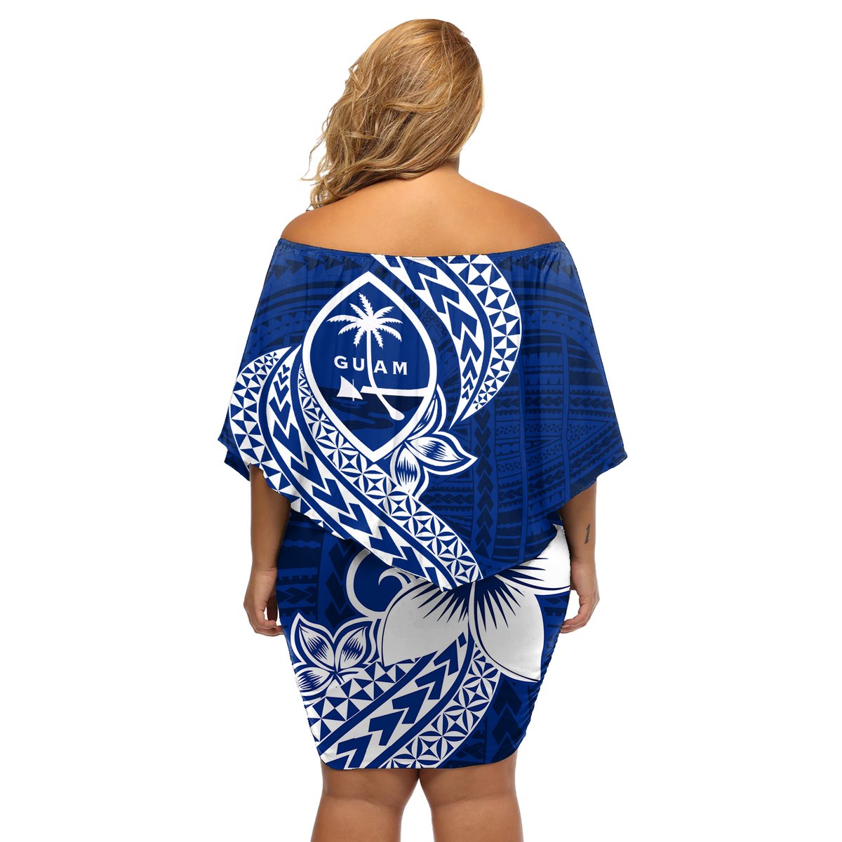 Hafa Adai Guam Off Shoulder Short Dress Polynesian Floral Blue Pattern LT01 - Polynesian Pride