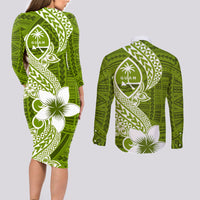 Hafa Adai Guam Couples Matching Long Sleeve Bodycon Dress and Long Sleeve Button Shirt Polynesian Olive Green Blue Pattern LT01 - Polynesian Pride