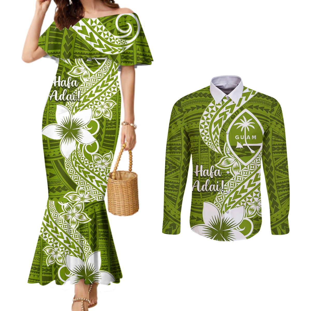 Hafa Adai Guam Couples Matching Mermaid Dress and Long Sleeve Button Shirt Polynesian Olive Green Blue Pattern LT01 Green - Polynesian Pride