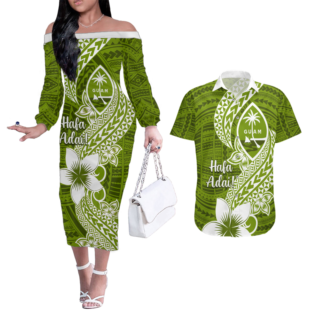 Hafa Adai Guam Couples Matching Off The Shoulder Long Sleeve Dress and Hawaiian Shirt Polynesian Olive Green Blue Pattern LT01 Green - Polynesian Pride
