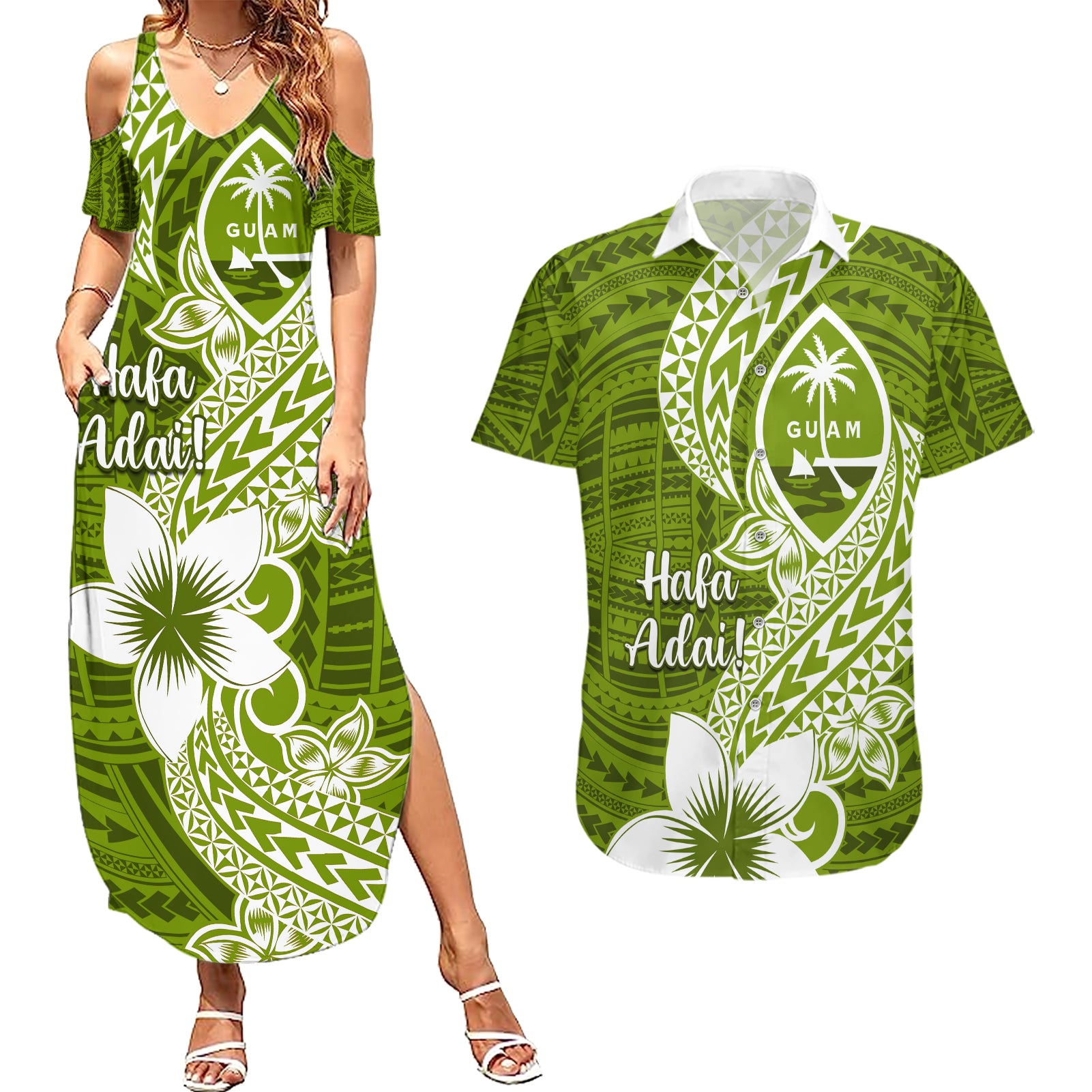 Hafa Adai Guam Couples Matching Summer Maxi Dress and Hawaiian Shirt Polynesian Olive Green Blue Pattern LT01 Green - Polynesian Pride