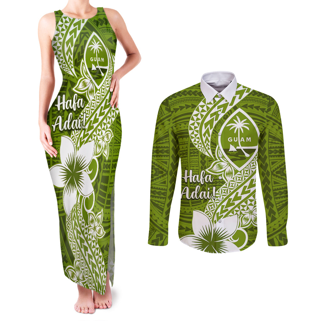 Hafa Adai Guam Couples Matching Tank Maxi Dress and Long Sleeve Button Shirt Polynesian Olive Green Blue Pattern LT01 Green - Polynesian Pride