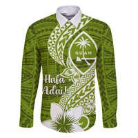 Hafa Adai Guam Family Matching Off Shoulder Short Dress and Hawaiian Shirt Polynesian Olive Green Blue Pattern LT01 Dad's Shirt - Long Sleeve Green - Polynesian Pride
