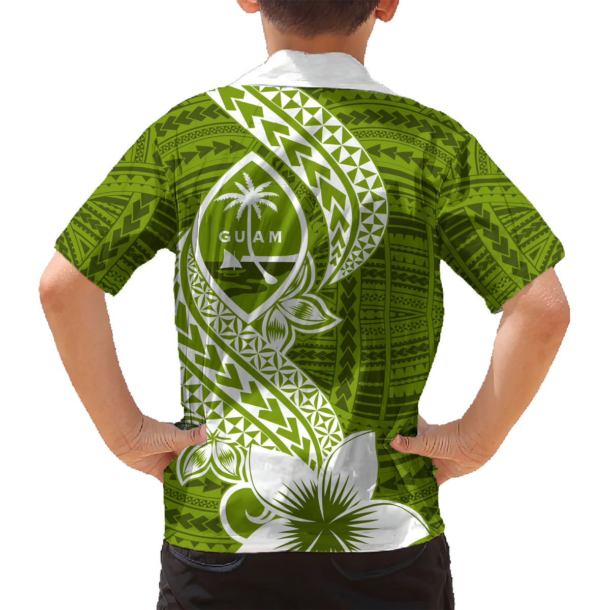 Hafa Adai Guam Kid Hawaiian Shirt Polynesian Olive Green Blue Pattern LT01 - Polynesian Pride