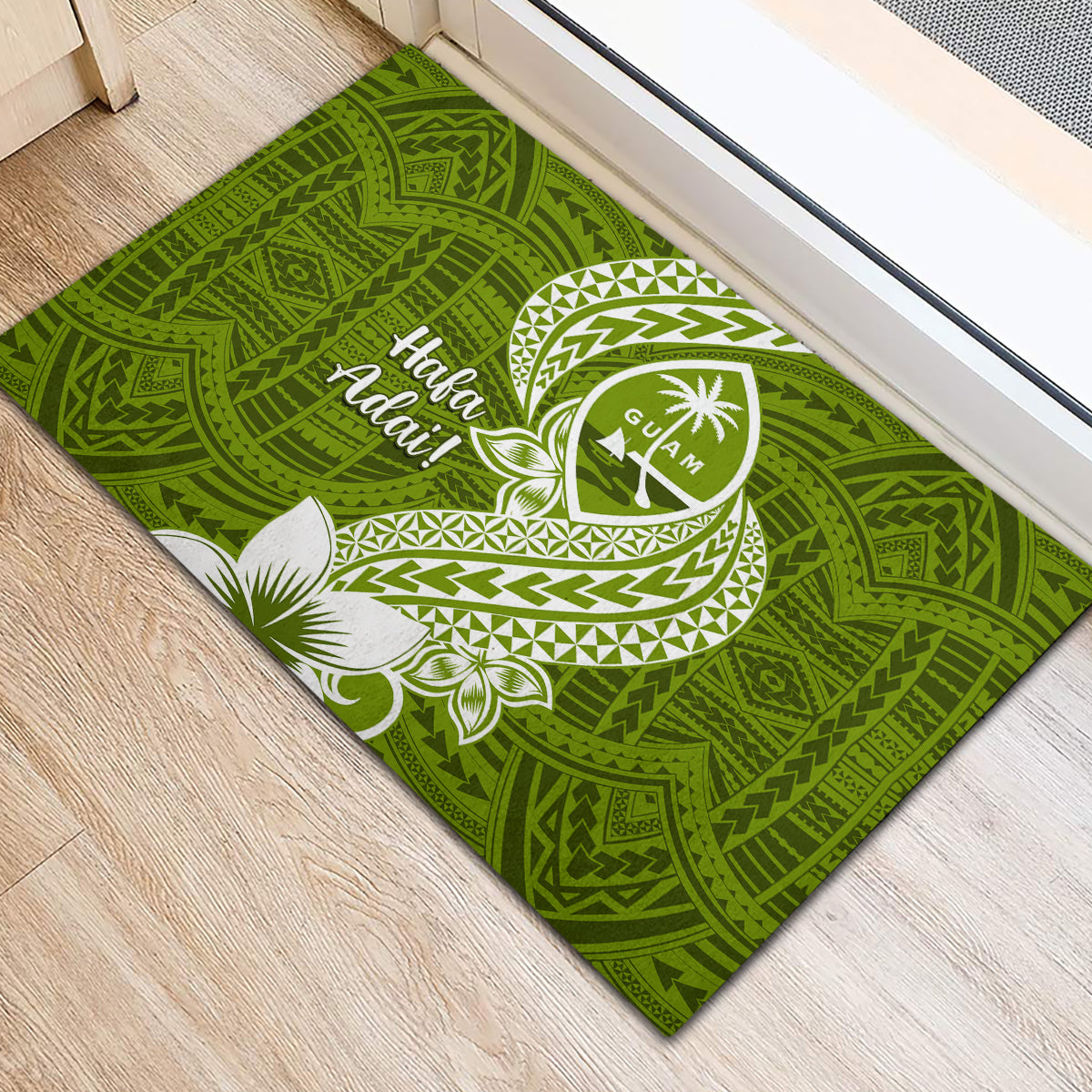 Hafa Adai Guam Rubber Doormat Polynesian Olive Green Blue Pattern LT01 - Polynesian Pride