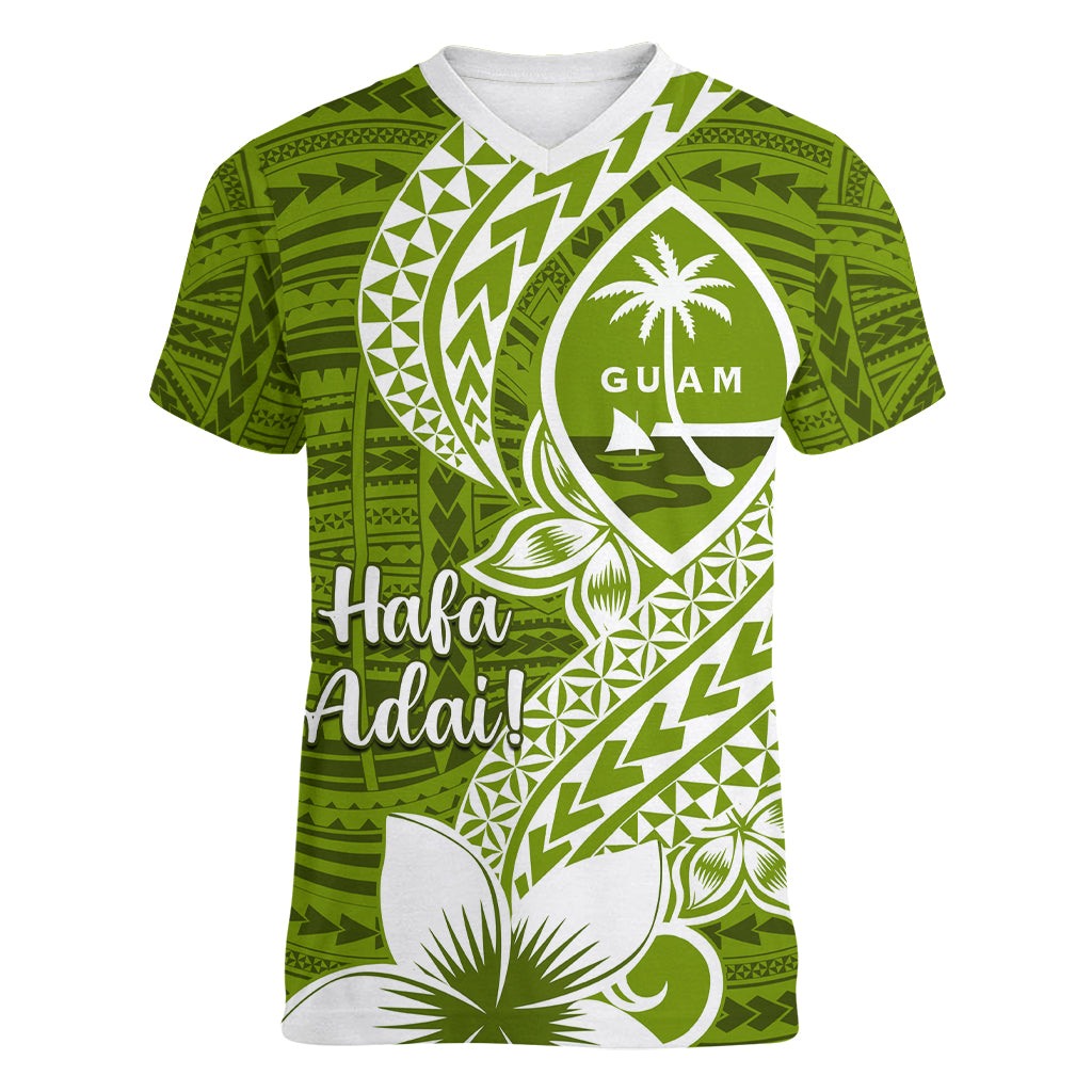 Hafa Adai Guam Women V Neck T Shirt Polynesian Olive Green Blue Pattern LT01 Female Green - Polynesian Pride
