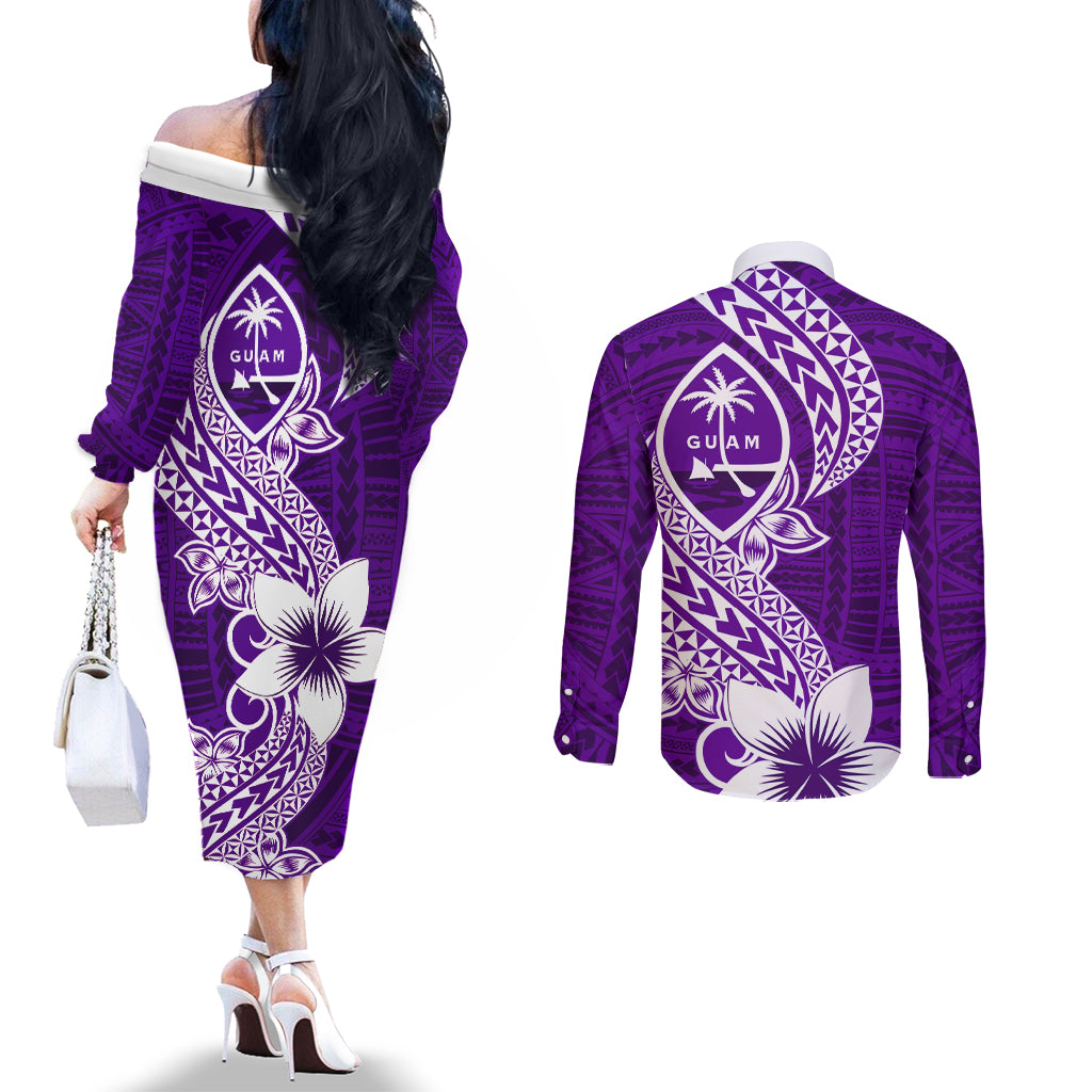 Hafa Adai Guam Couples Matching Off The Shoulder Long Sleeve Dress and Long Sleeve Button Shirt Polynesian Floral Purple Pattern LT01 - Polynesian Pride