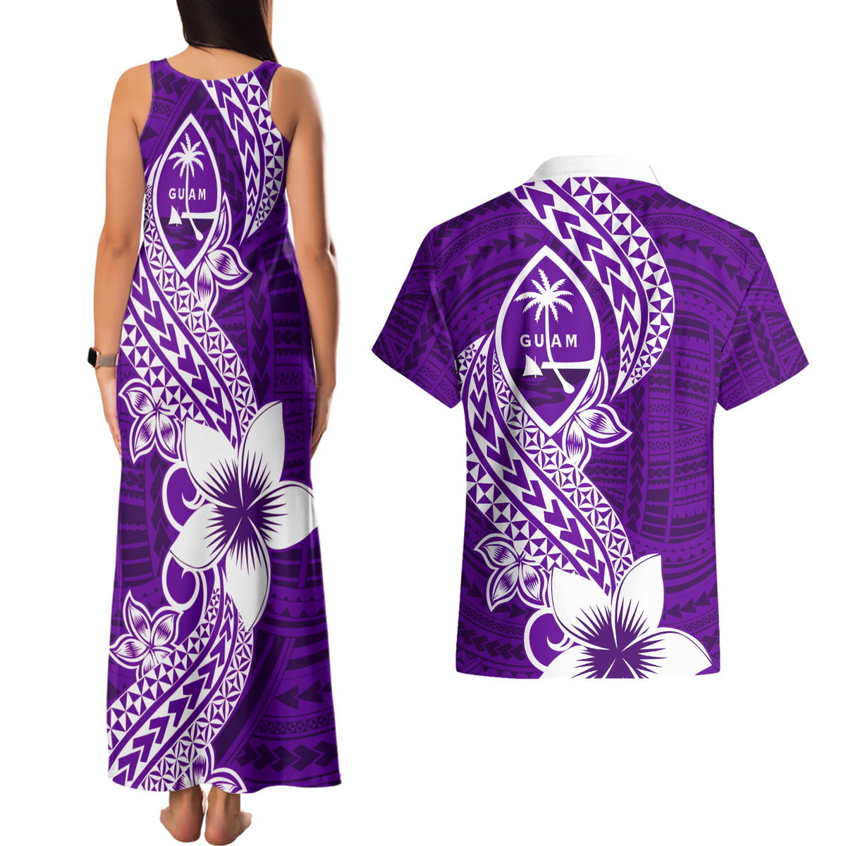Hafa Adai Guam Couples Matching Tank Maxi Dress and Hawaiian Shirt Polynesian Floral Purple Pattern LT01 - Polynesian Pride