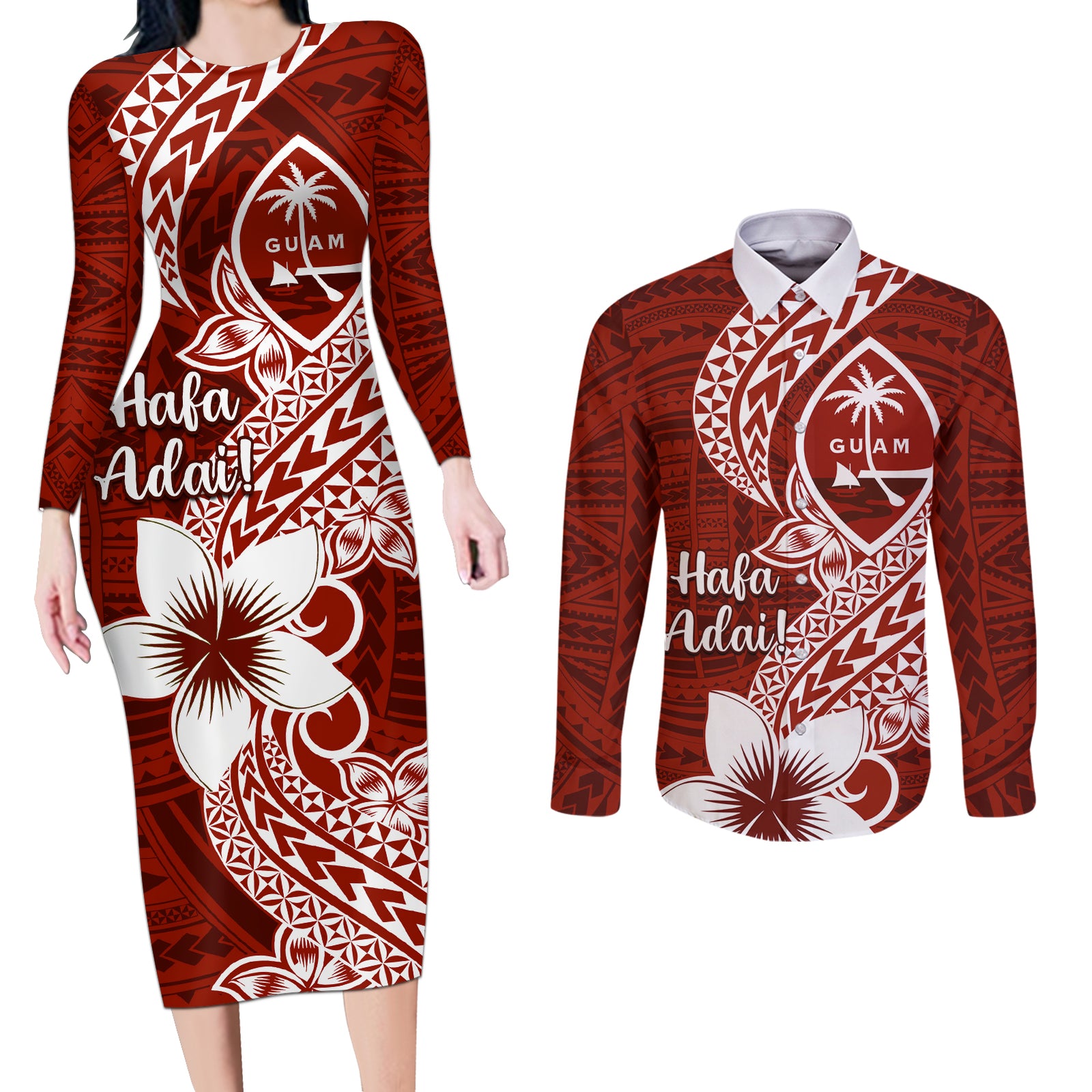 Hafa Adai Guam Couples Matching Long Sleeve Bodycon Dress and Long Sleeve Button Shirt Polynesian Floral Red Pattern LT01 Red - Polynesian Pride