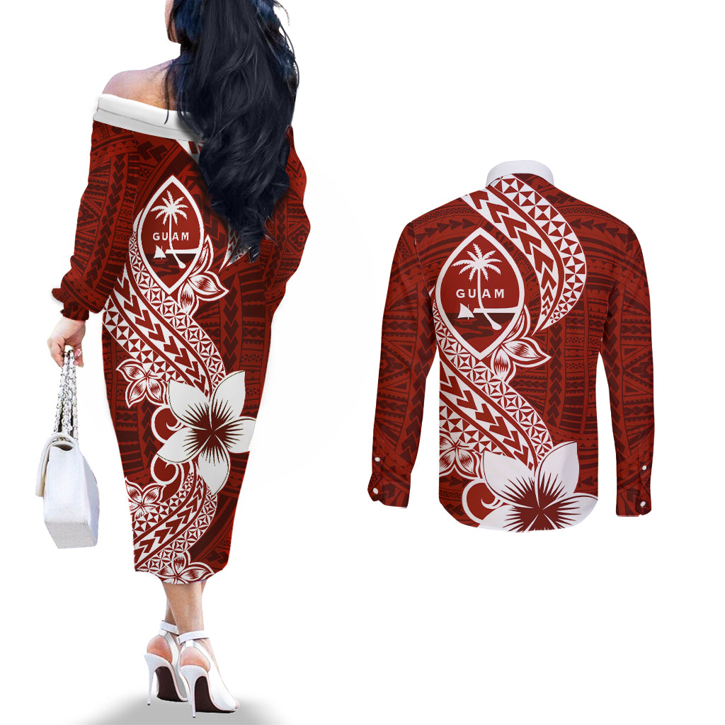 Hafa Adai Guam Couples Matching Off The Shoulder Long Sleeve Dress and Long Sleeve Button Shirt Polynesian Floral Red Pattern LT01 - Polynesian Pride