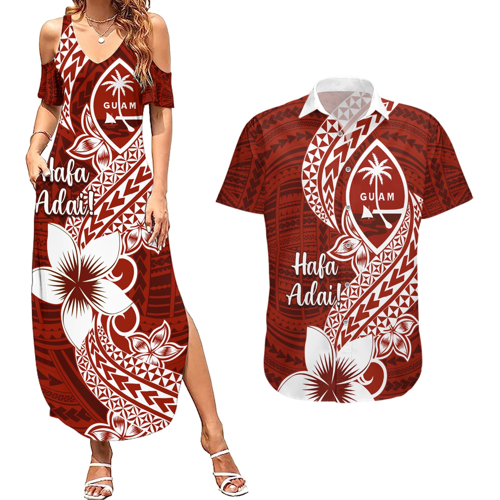 Hafa Adai Guam Couples Matching Summer Maxi Dress and Hawaiian Shirt Polynesian Floral Red Pattern LT01 Red - Polynesian Pride