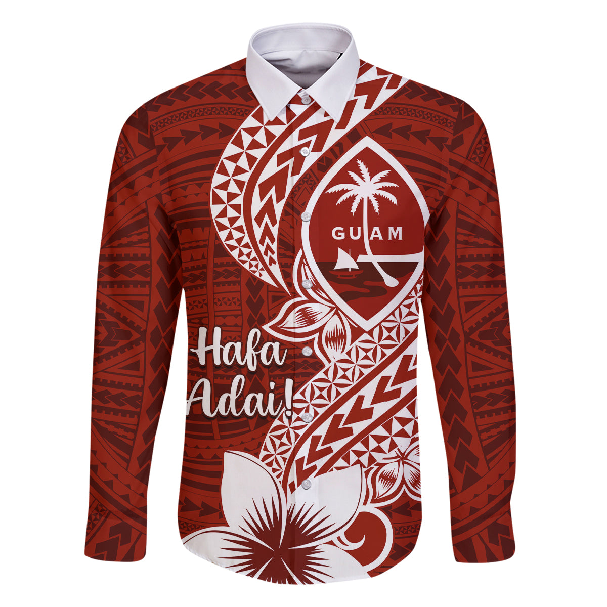 Hafa Adai Guam Family Matching Off Shoulder Maxi Dress and Hawaiian Shirt Polynesian Floral Red Pattern LT01 Dad's Shirt - Long Sleeve Red - Polynesian Pride