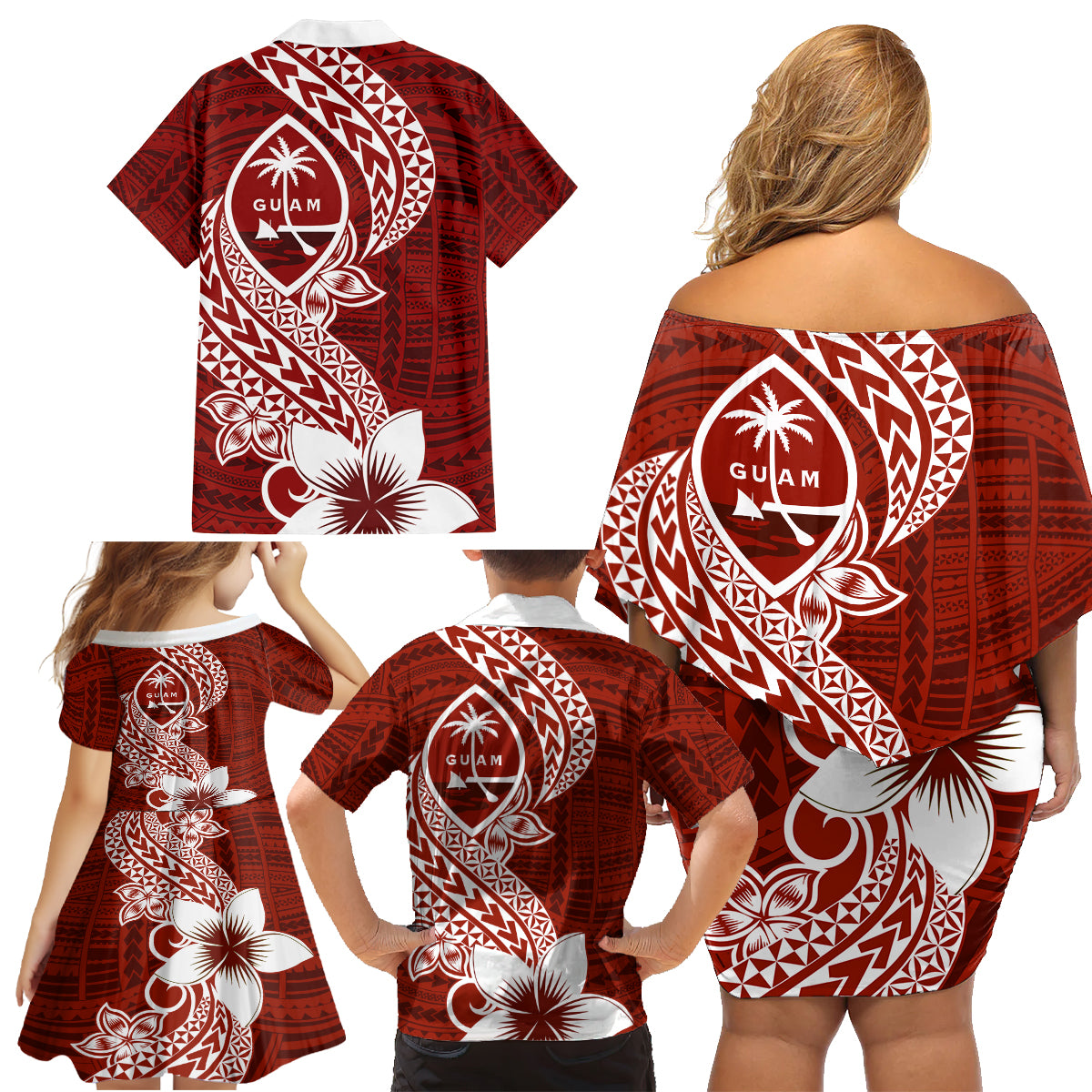 Hafa Adai Guam Family Matching Off Shoulder Short Dress and Hawaiian Shirt Polynesian Floral Red Pattern LT01 - Polynesian Pride