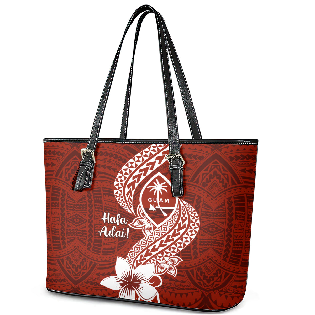 Hafa Adai Guam Leather Tote Bag Polynesian Floral Red Pattern LT01 - Polynesian Pride