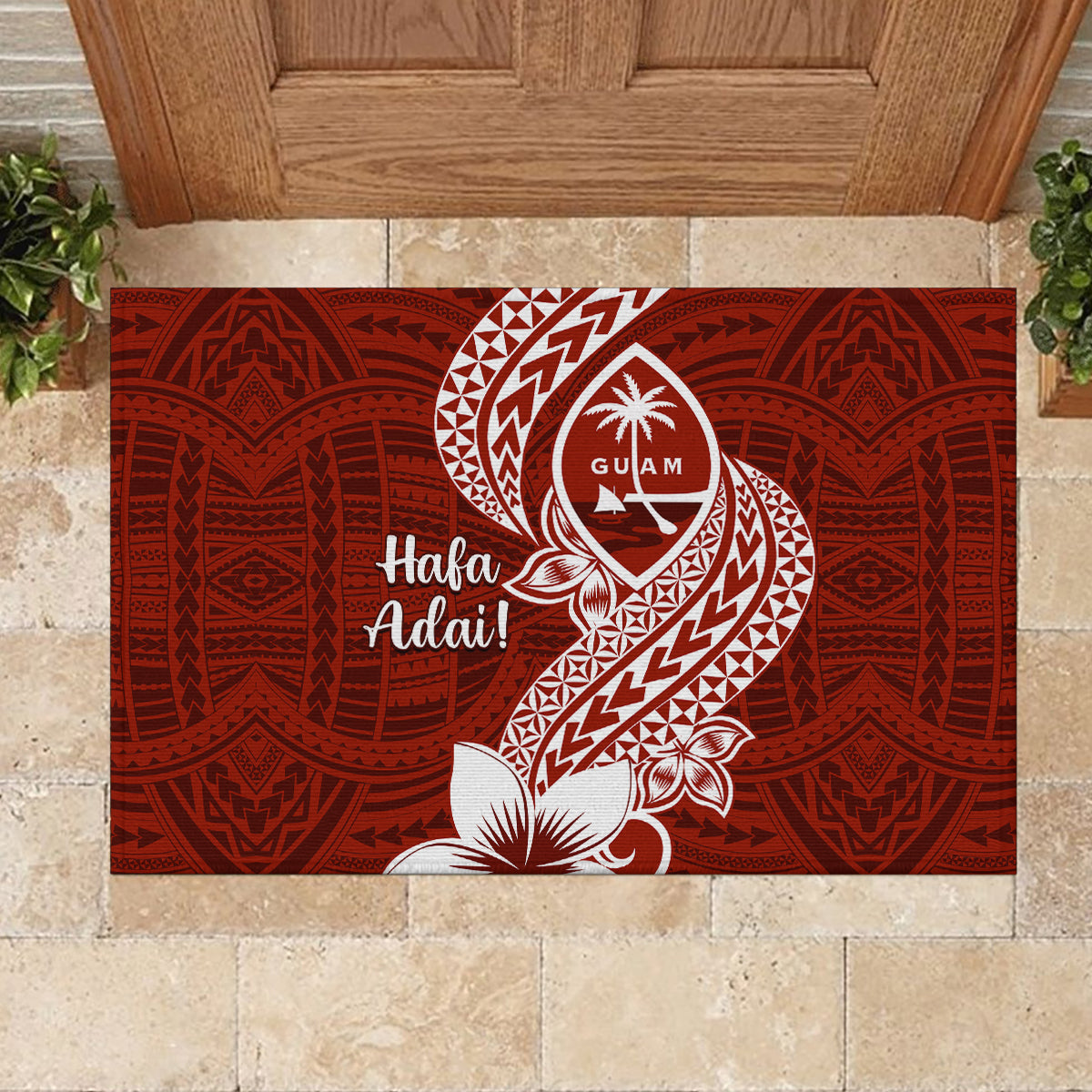 Hafa Adai Guam Rubber Doormat Polynesian Floral Red Pattern LT01 - Polynesian Pride
