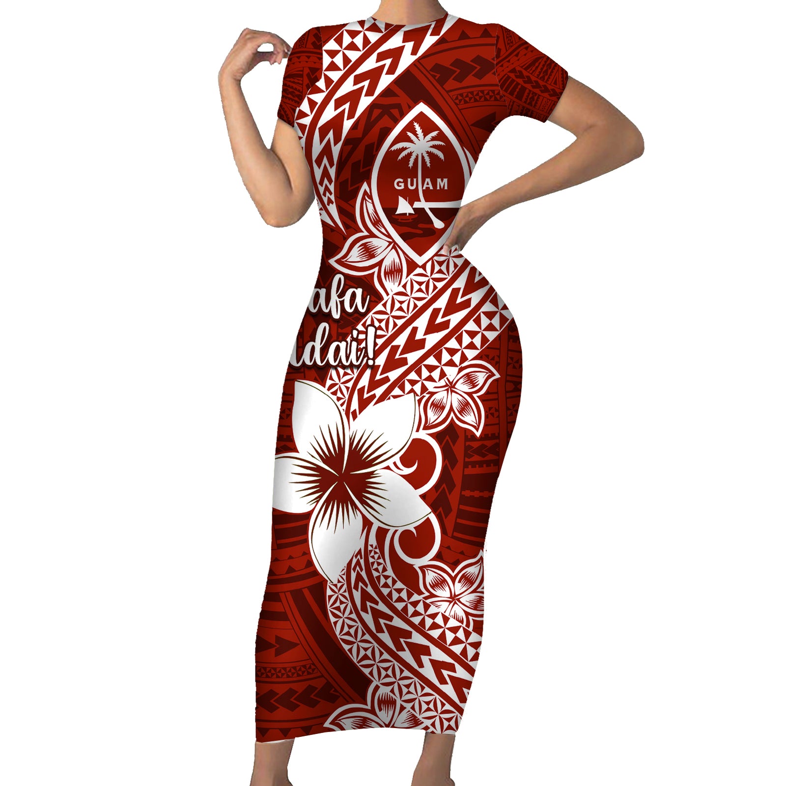 Hafa Adai Guam Short Sleeve Bodycon Dress Polynesian Floral Red Pattern LT01 Long Dress Red - Polynesian Pride