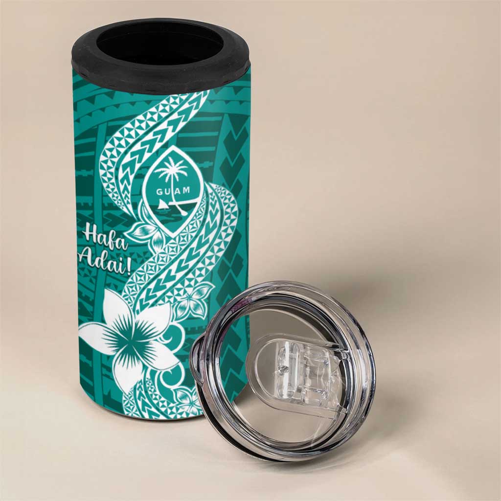 Hafa Adai Guam 4 in 1 Can Cooler Tumbler Polynesian Floral Teal Pattern