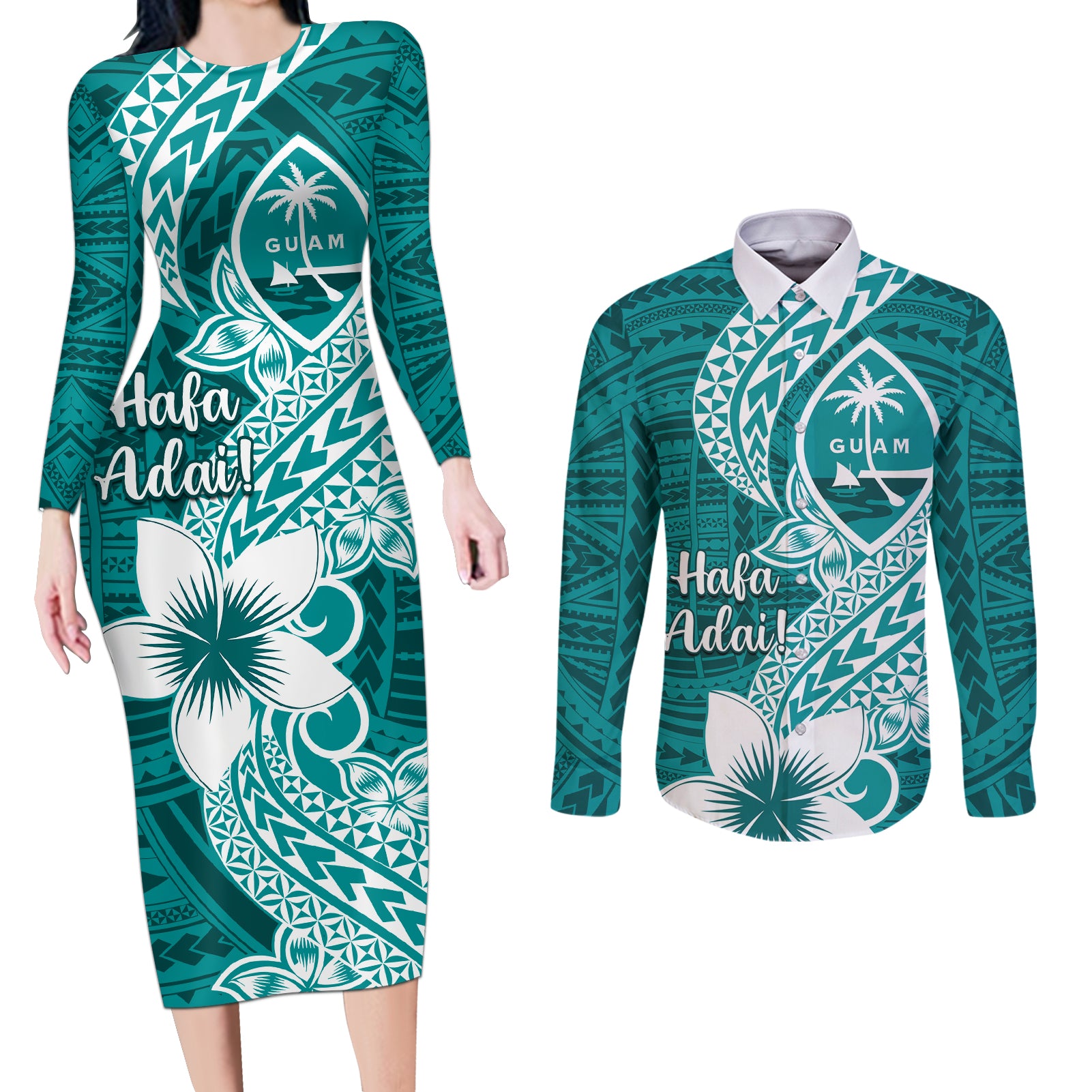 Hafa Adai Guam Couples Matching Long Sleeve Bodycon Dress and Long Sleeve Button Shirt Polynesian Floral Teal Pattern LT01 Teal - Polynesian Pride