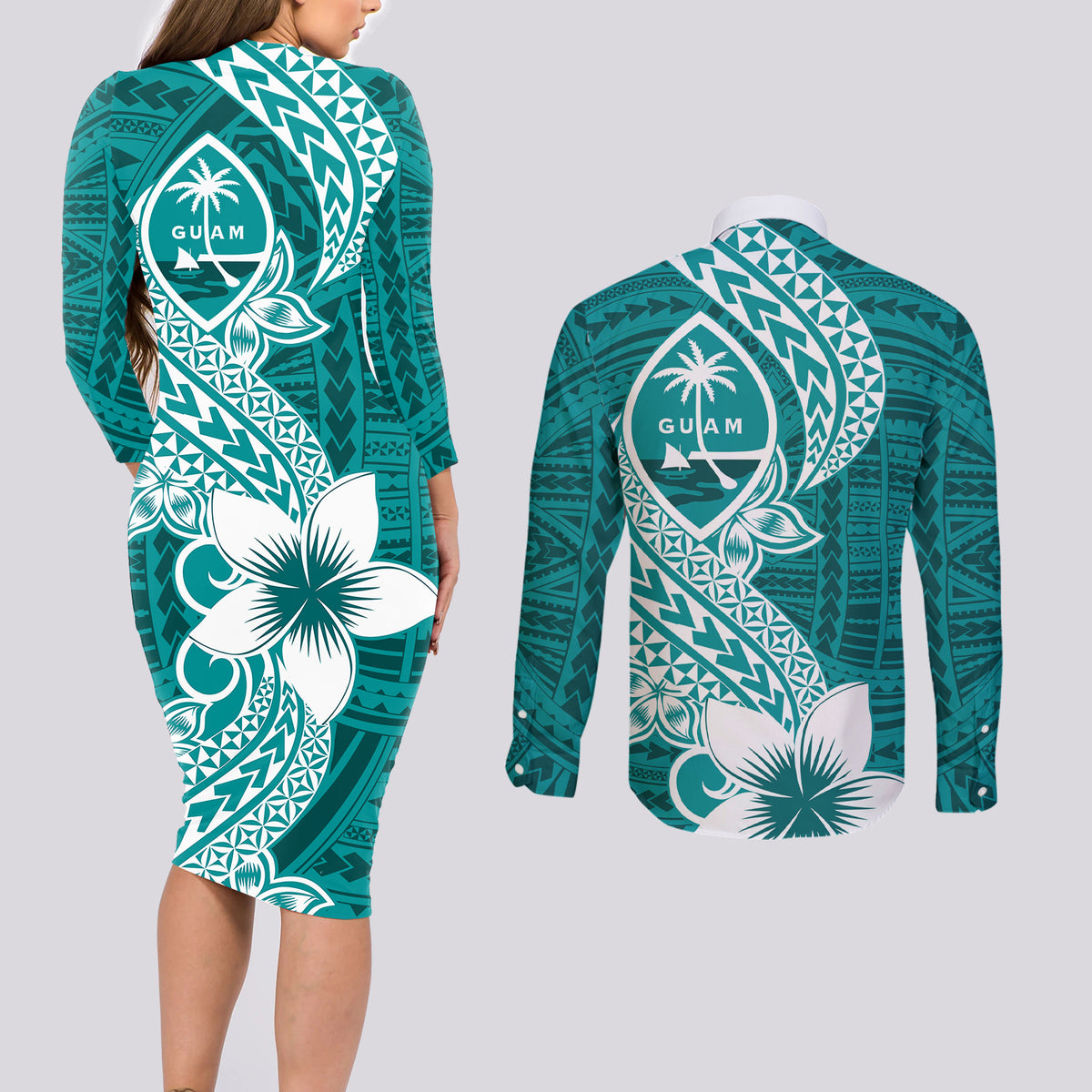 Hafa Adai Guam Couples Matching Long Sleeve Bodycon Dress and Long Sleeve Button Shirt Polynesian Floral Teal Pattern LT01 - Polynesian Pride
