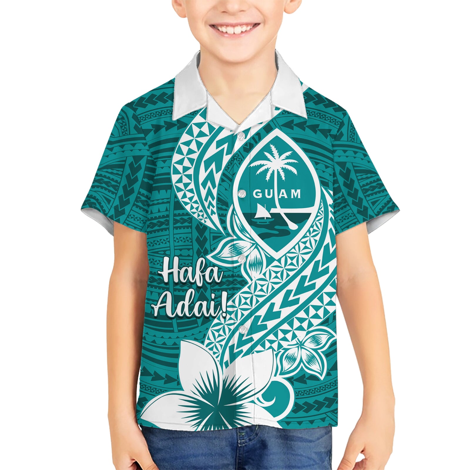 Hafa Adai Guam Kid Hawaiian Shirt Polynesian Floral Teal Pattern LT01 Kid Teal - Polynesian Pride