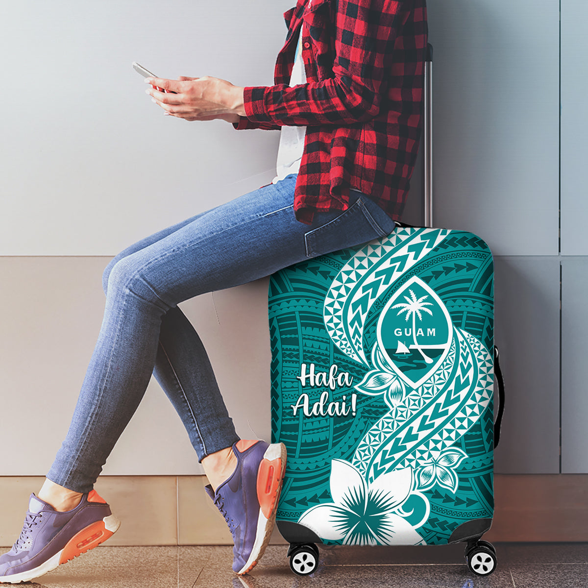 Hafa Adai Guam Luggage Cover Polynesian Floral Teal Pattern LT01 - Polynesian Pride