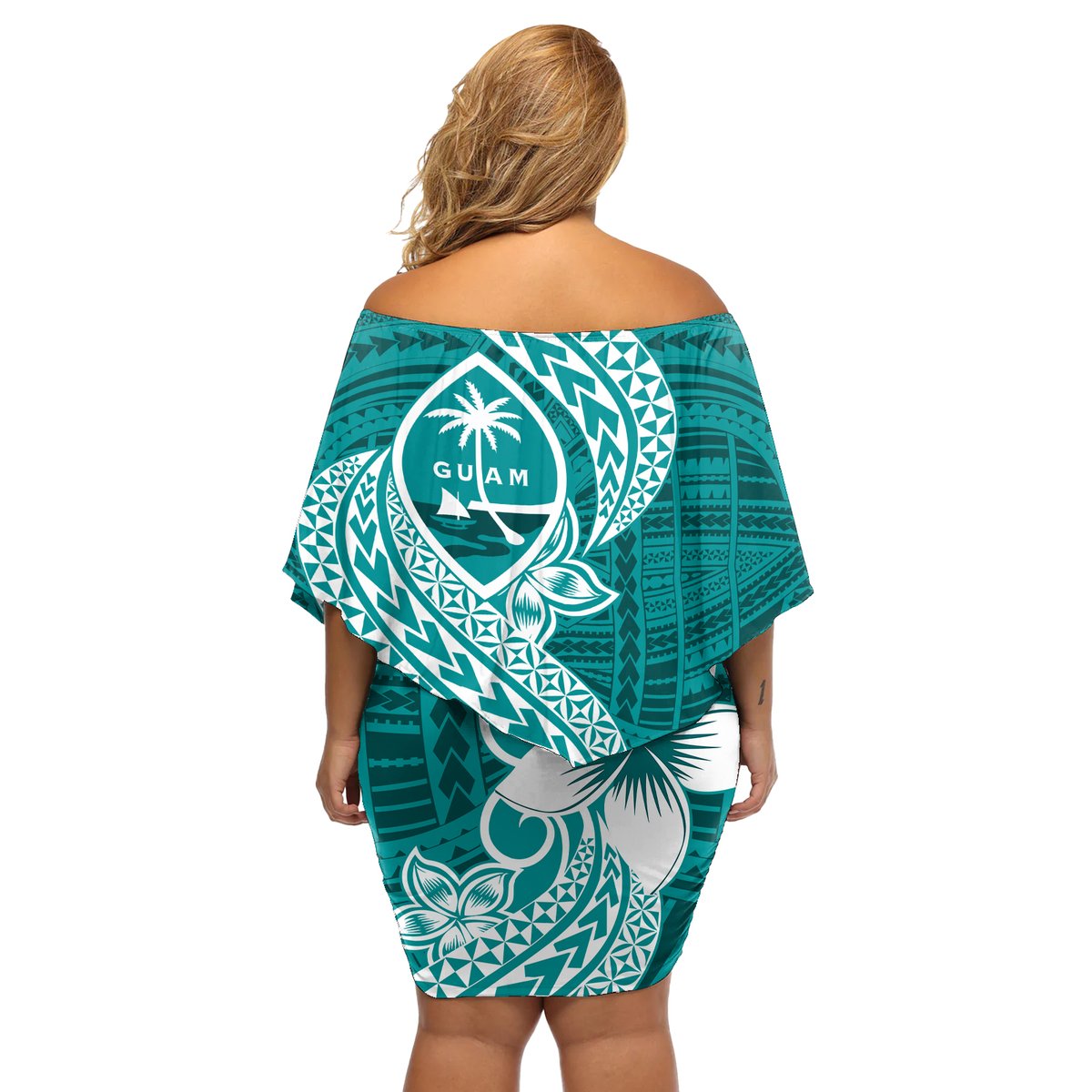 Hafa Adai Guam Off Shoulder Short Dress Polynesian Floral Teal Pattern LT01 - Polynesian Pride