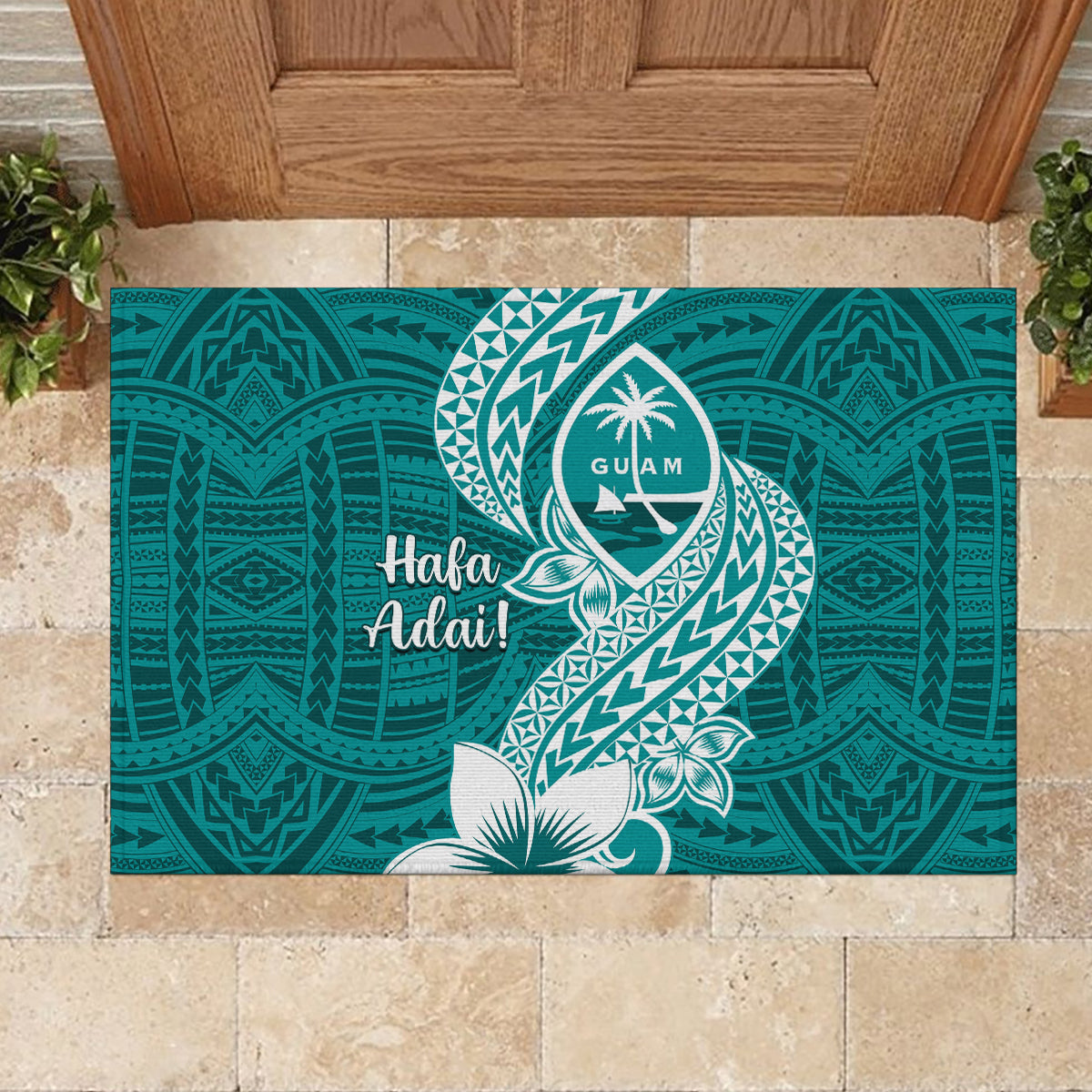 Hafa Adai Guam Rubber Doormat Polynesian Floral Teal Pattern LT01 - Polynesian Pride