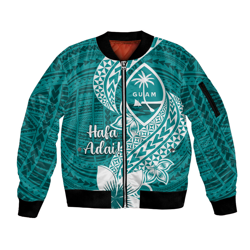 Hafa Adai Guam Sleeve Zip Bomber Jacket Polynesian Floral Teal Pattern LT01 Unisex Teal - Polynesian Pride
