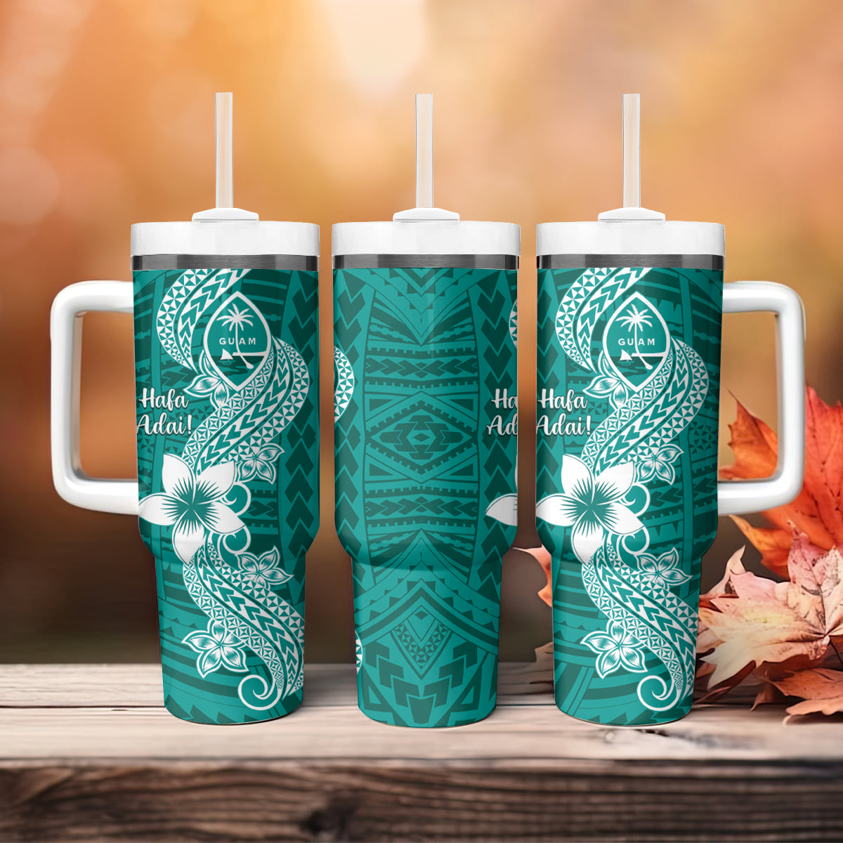 Hafa Adai Guam Tumbler With Handle Polynesian Floral Teal Pattern