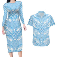 Baby Blue Mermaid Puakenikeni Maile Lei Couples Matching Long Sleeve Bodycon Dress and Hawaiian Shirt LT01 Blue - Polynesian Pride