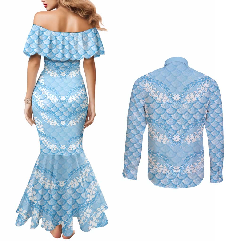 Baby Blue Mermaid Puakenikeni Maile Lei Couples Matching Mermaid Dress and Long Sleeve Button Shirt