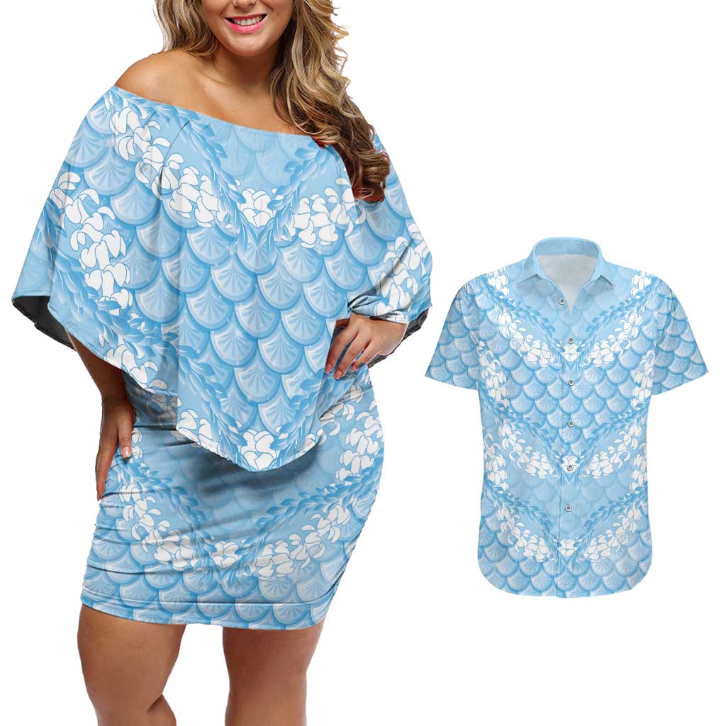 Baby Blue Mermaid Puakenikeni Maile Lei Couples Matching Off Shoulder Short Dress and Hawaiian Shirt LT01 Blue - Polynesian Pride