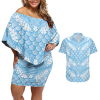 Baby Blue Mermaid Puakenikeni Maile Lei Couples Matching Off Shoulder Short Dress and Hawaiian Shirt LT01 Blue - Polynesian Pride