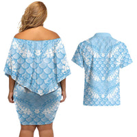 Baby Blue Mermaid Puakenikeni Maile Lei Couples Matching Off Shoulder Short Dress and Hawaiian Shirt LT01 - Polynesian Pride