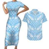 Baby Blue Mermaid Puakenikeni Maile Lei Couples Matching Short Sleeve Bodycon Dress and Hawaiian Shirt LT01 Blue - Polynesian Pride