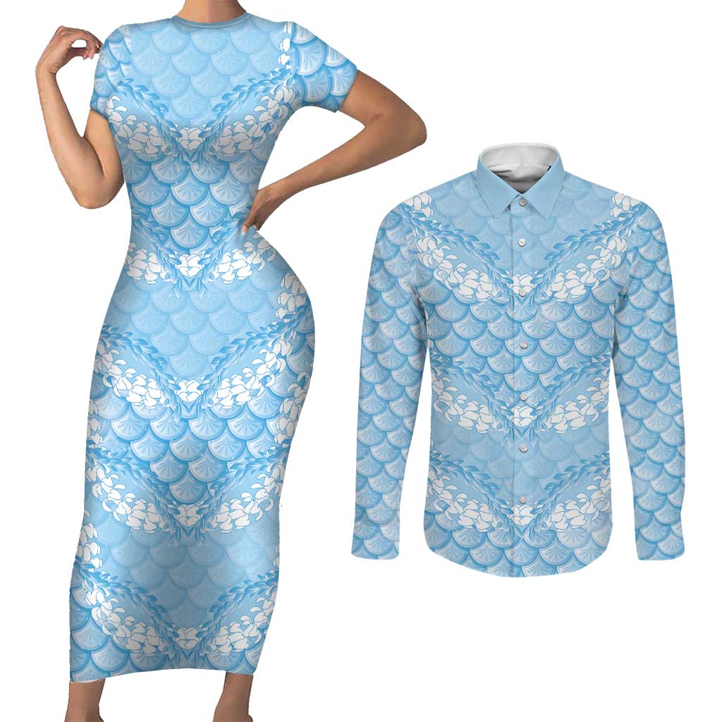 Baby Blue Mermaid Puakenikeni Maile Lei Couples Matching Short Sleeve Bodycon Dress and Long Sleeve Button Shirt LT01 Blue - Polynesian Pride