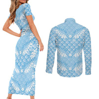 Baby Blue Mermaid Puakenikeni Maile Lei Couples Matching Short Sleeve Bodycon Dress and Long Sleeve Button Shirt LT01 - Polynesian Pride