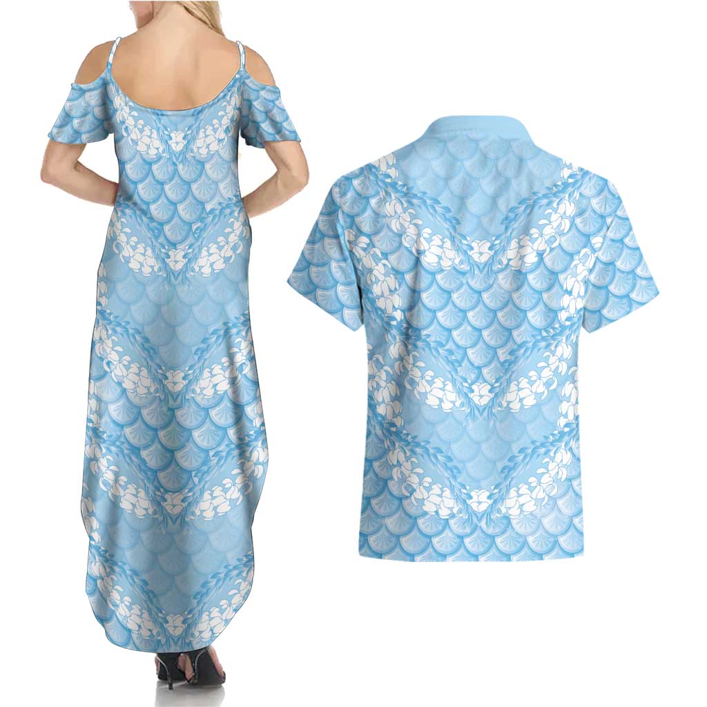 Baby Blue Mermaid Puakenikeni Maile Lei Couples Matching Summer Maxi Dress and Hawaiian Shirt LT01 - Polynesian Pride