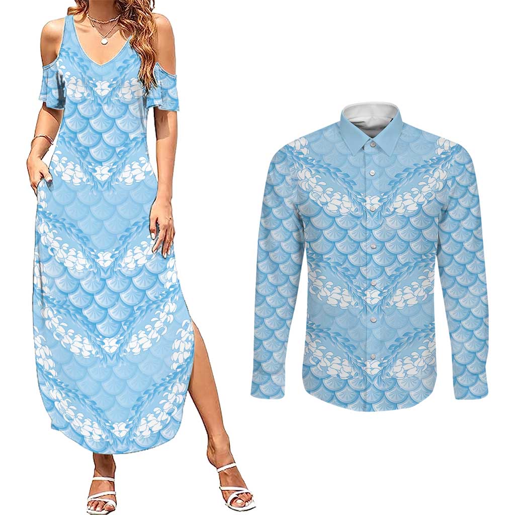 Baby Blue Mermaid Puakenikeni Maile Lei Couples Matching Summer Maxi Dress and Long Sleeve Button Shirt