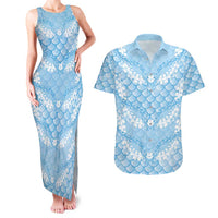 Baby Blue Mermaid Puakenikeni Maile Lei Couples Matching Tank Maxi Dress and Hawaiian Shirt LT01 Blue - Polynesian Pride
