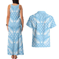 Baby Blue Mermaid Puakenikeni Maile Lei Couples Matching Tank Maxi Dress and Hawaiian Shirt LT01 - Polynesian Pride