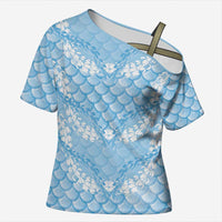 Baby Blue Mermaid Puakenikeni Maile Lei Cross Shoulder Shirt