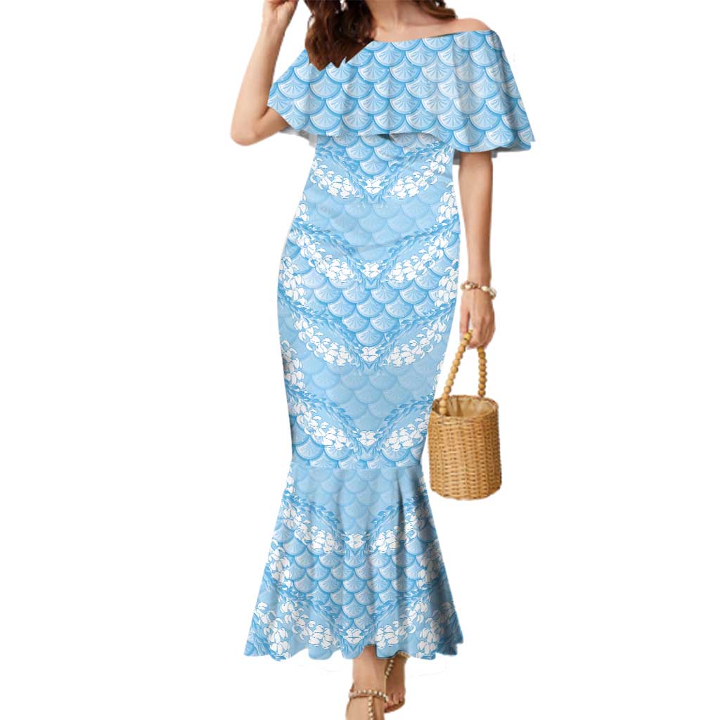Baby Blue Mermaid Puakenikeni Maile Lei Family Matching Mermaid Dress and Hawaiian Shirt LT01 Mom's Dress Blue - Polynesian Pride