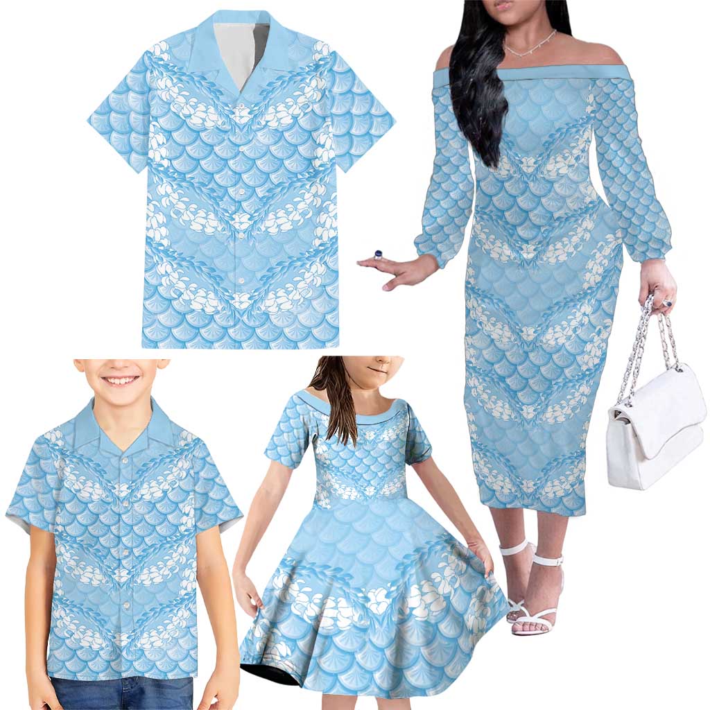 Baby Blue Mermaid Puakenikeni Maile Lei Family Matching Off The Shoulder Long Sleeve Dress and Hawaiian Shirt LT01 - Polynesian Pride