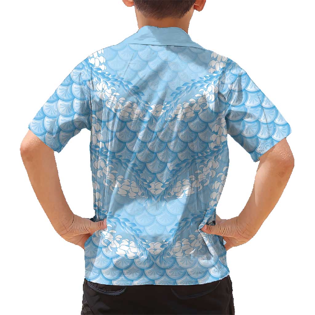 Baby Blue Mermaid Puakenikeni Maile Lei Family Matching Off Shoulder Maxi Dress and Hawaiian Shirt LT01 - Polynesian Pride